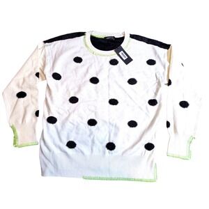 APNY Womens Fuzzy Polka Dot Sweater Black White Lime Green Stitching M NEW